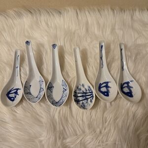 Blue and white Vintage Chinese Japanese Asian Soup Spoon, ladle Decorative x 6